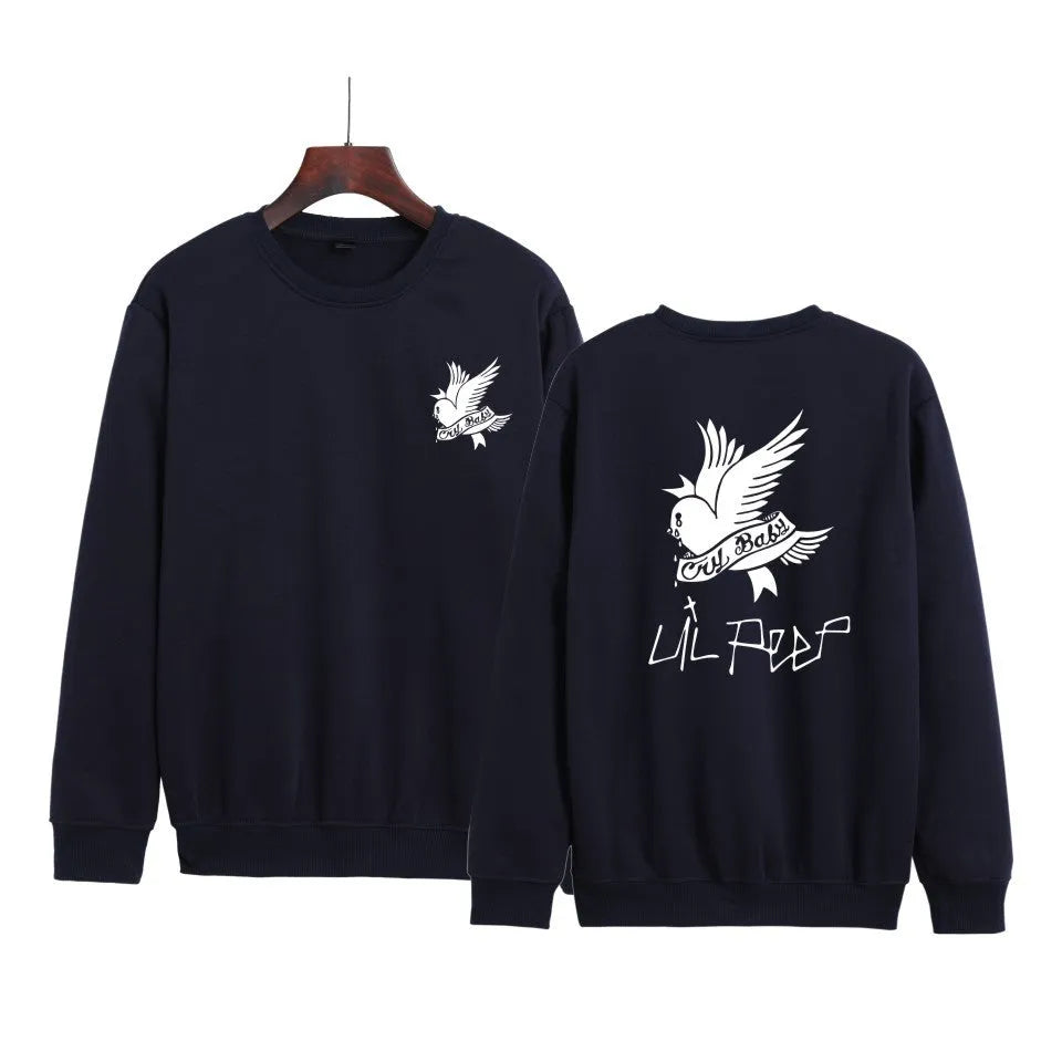 Loose round collar hoodie for men and women with long sleeves and printed design in black, available in multiple Asian sizes