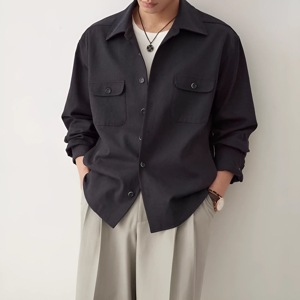 Men's simple profile shirt with cotton lapel in light sand rice colour, long sleeves