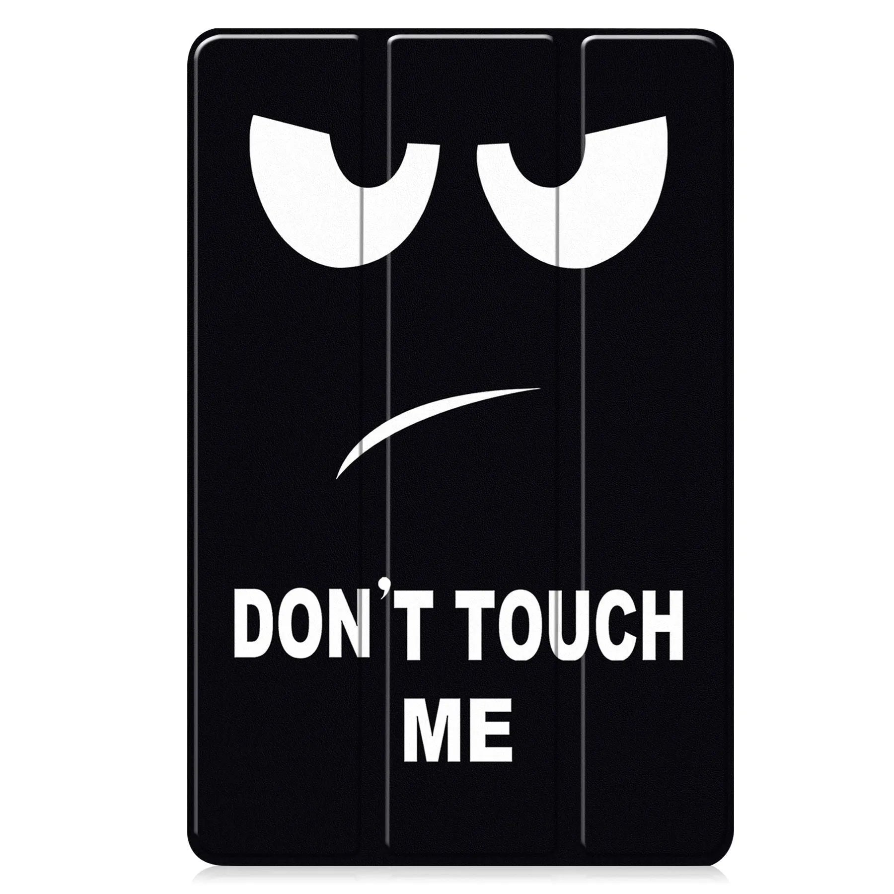 Samsung Tab S10 FE Plus tablet in a tri-fold black leather case with built-in stand open for viewing.