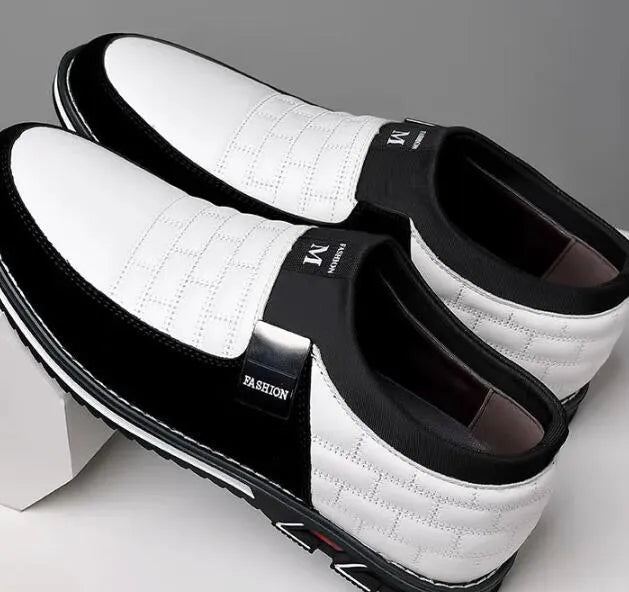 Men's casual leather shoes in blue, black, brown and white colours showing low-top design
