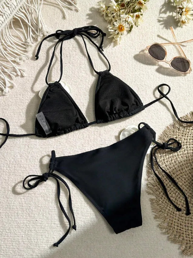 Black 3D flower lace bikini swimsuit with drawstring details and backless design