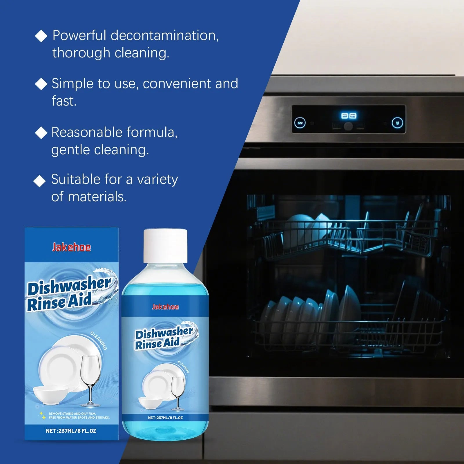 237mL bottle of dishwasher cleaning aid liquid for removing oil and grease stains from plates