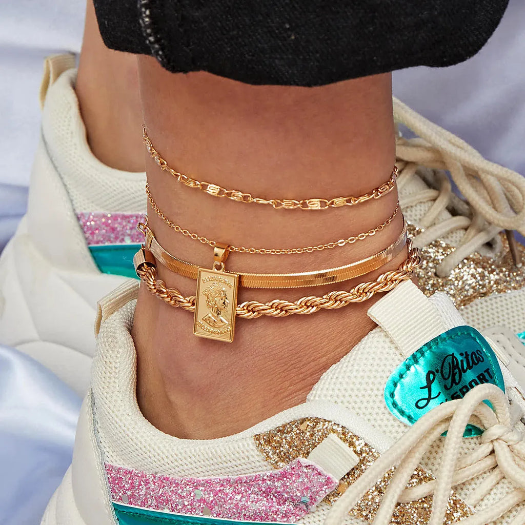 Golden geometric alloy electroplated anklet for women simple style hip hop footwear accessory