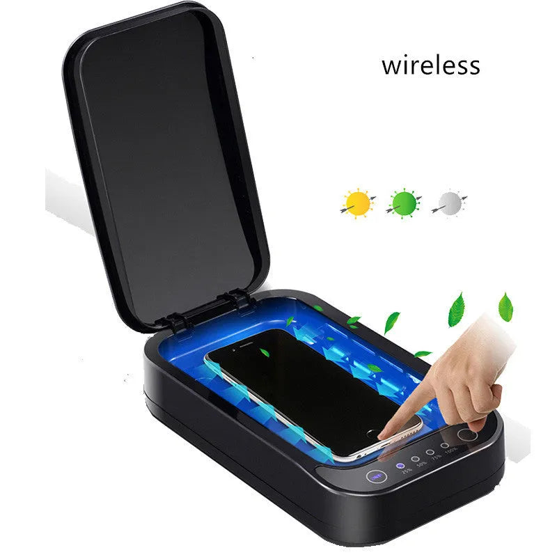 Blue and white ultraviolet disinfection box with UV light on, sanitising a mobile phone inside.
