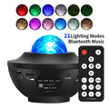 Black parallel starry sky projection lamp with rotating water ripple laser light and Bluetooth music capability on desktop