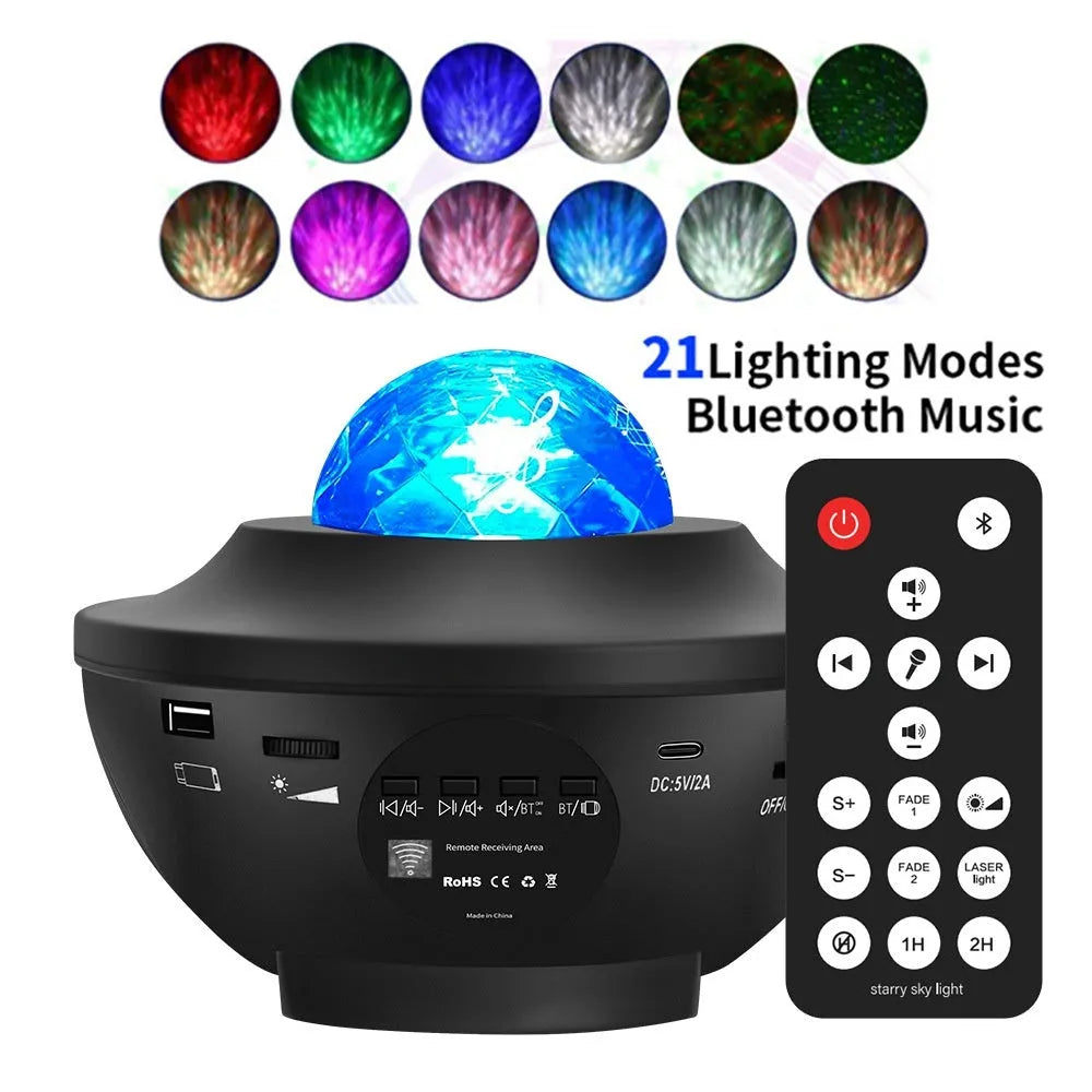 Black parallel starry sky projection lamp with rotating water ripple laser light and Bluetooth music capability on desktop