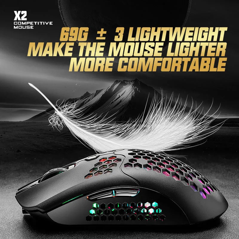 Free Wolf X2 wireless gaming mouse in black on a mouse mat, showing RGB lighting and side thumb buttons.