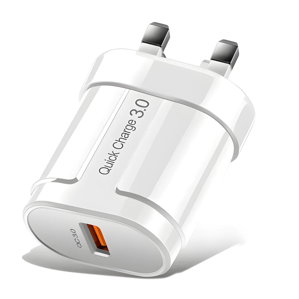 White and black smart mobile phone chargers with EU, UK, and US style plugs on a grey background
