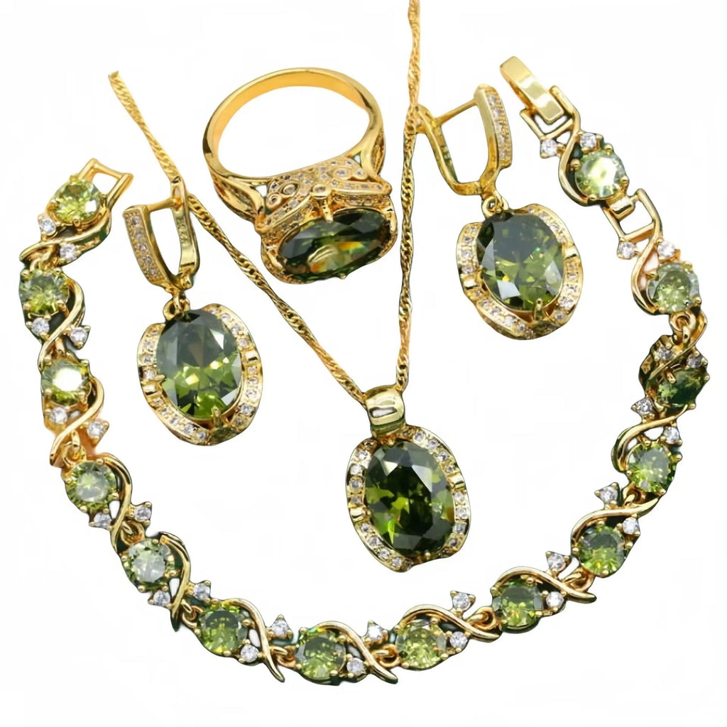 Complete zircon jewellery suit with necklace, earrings, and ring on snake bones chain in olive green colour