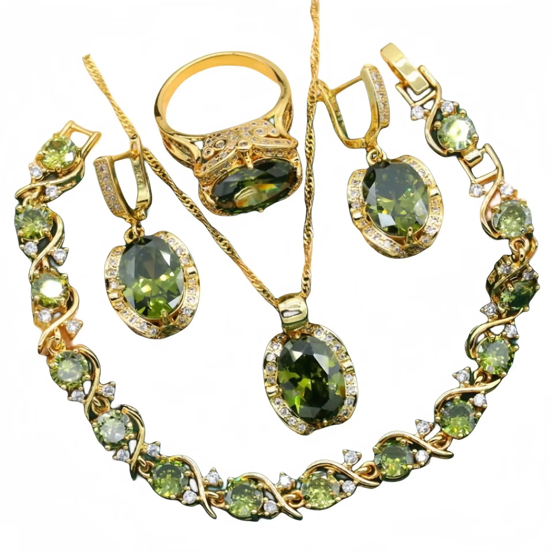Complete zircon jewellery suit with necklace, earrings, and ring on snake bones chain in olive green colour