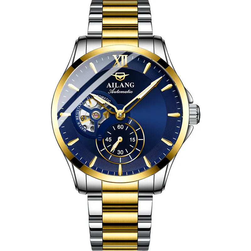 Men's mechanical skeleton watch with 41mm round dial, luminous hands, fine steel strap, and 30-metre water resistance