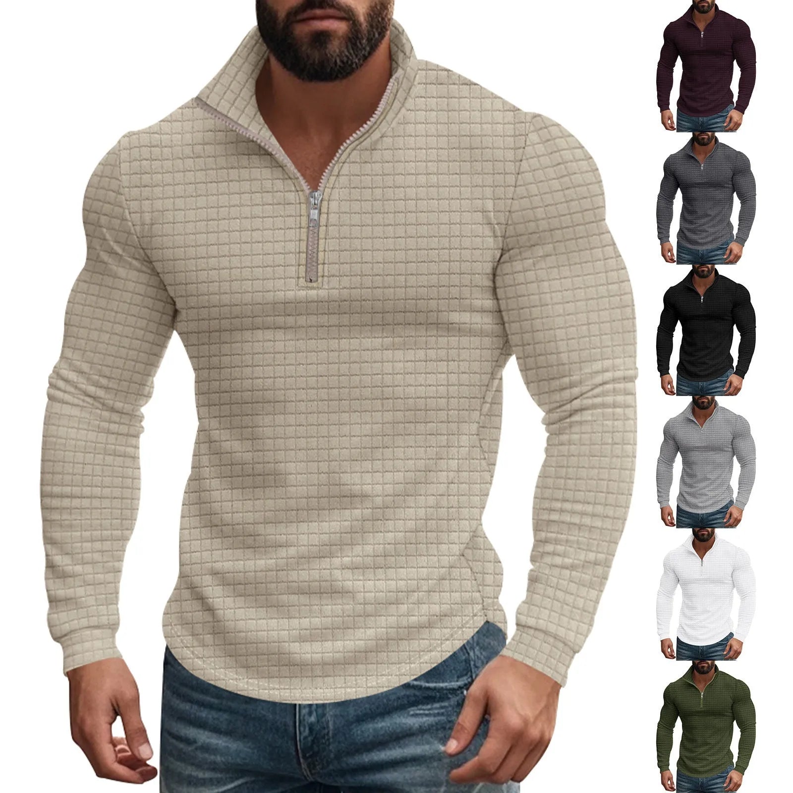 Half zipper small plaid casual stand collar long sleeve sweater in army green on white background