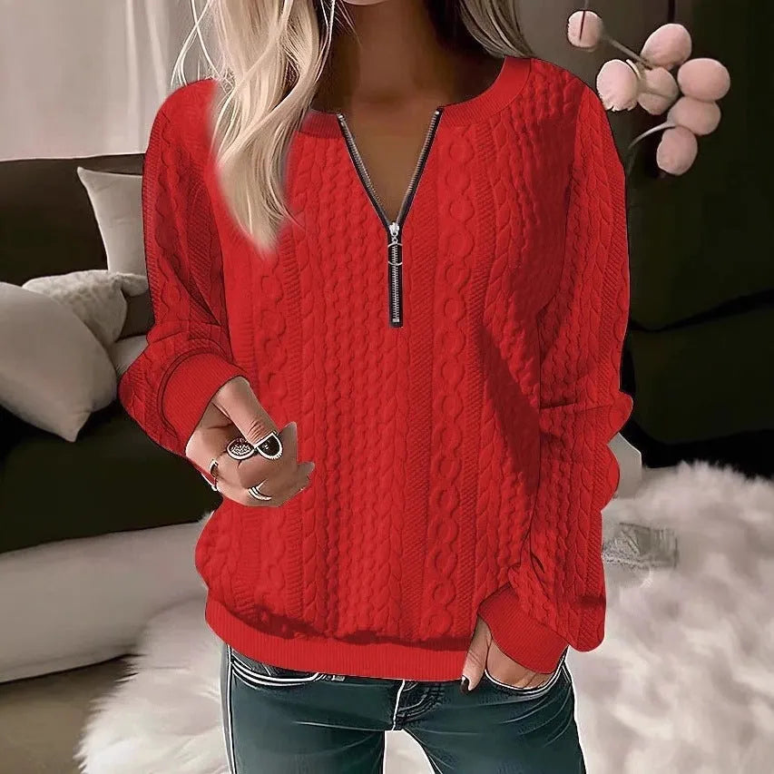 Women's zipper cardigan in apricot with 3D effect pattern, loose fit, and front zipper closure