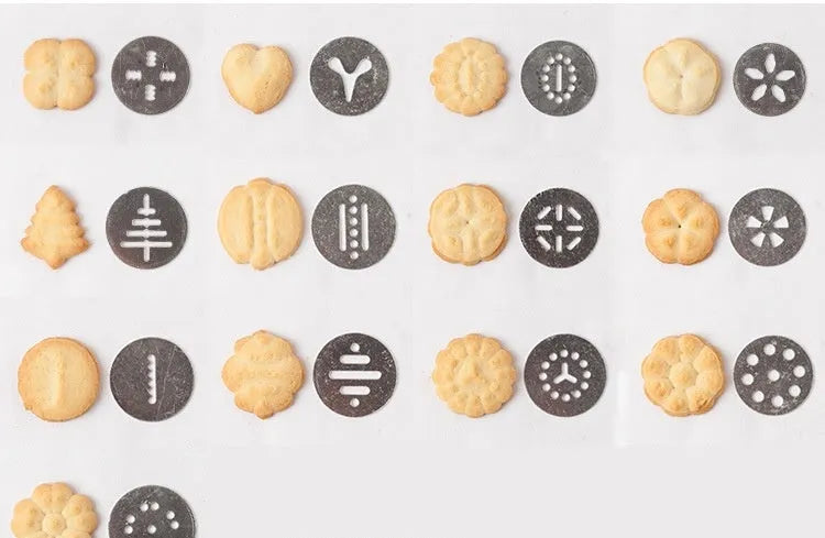 Stainless steel biscuit press cookie machine with 13 moulds and 8 piping nozzles in a colour gift box