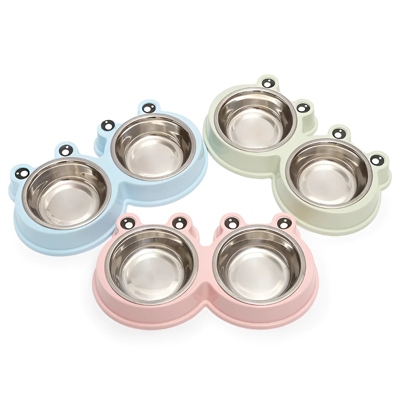 Stainless steel pet double bowl for food and water in blue, green, and pink colour options.