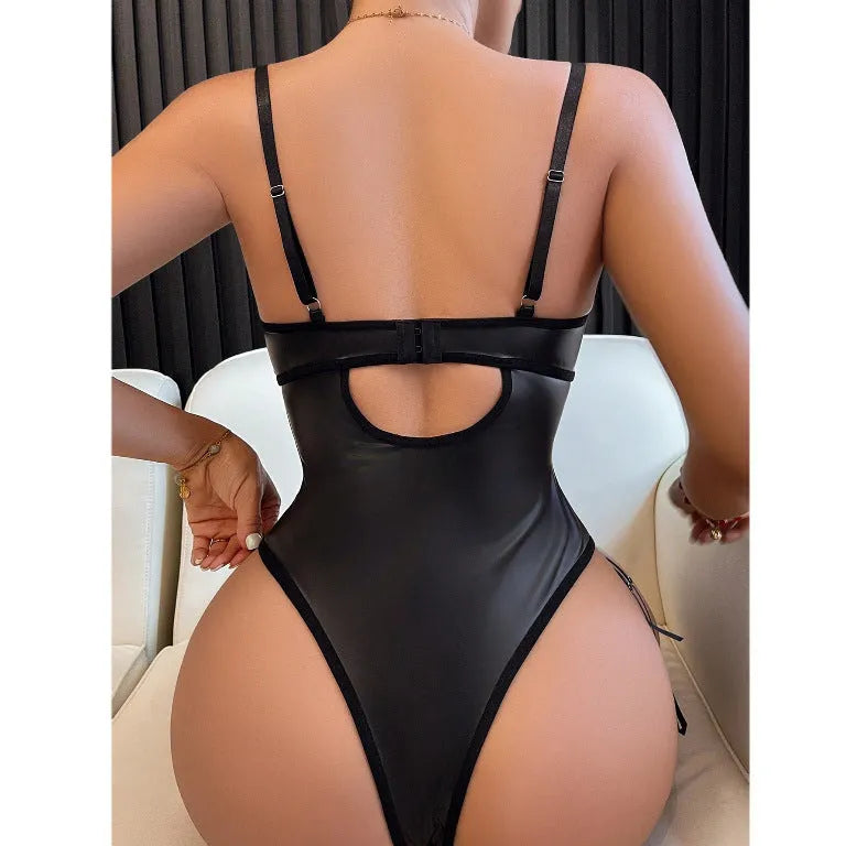 Women's black strappy push up lingerie bodysuit one-piece suit on a mannequin.