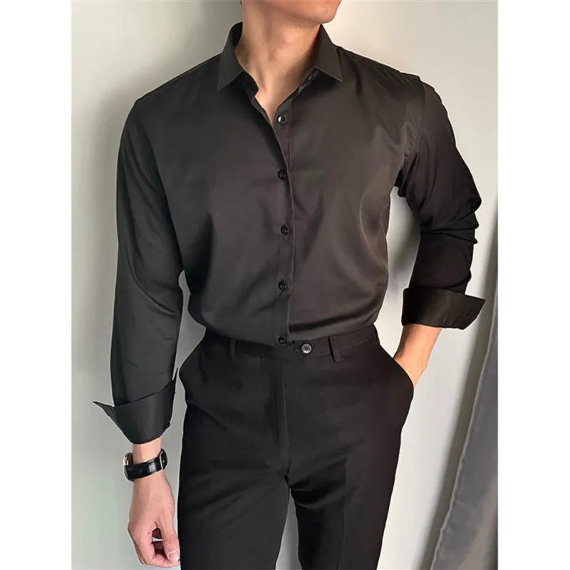 Men's Korean slim fit leisure shirt in chemical fibre blend fabric available in white, black and dark grey