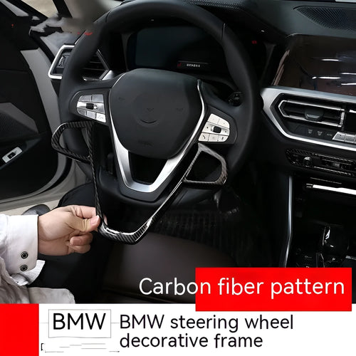 Carbon fibre pattern ABS plastic overlay frame for BMW steering wheel buttons.