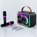 Light yellow portable Bluetooth karaoke speaker with colourful RGB lighting and microphone.