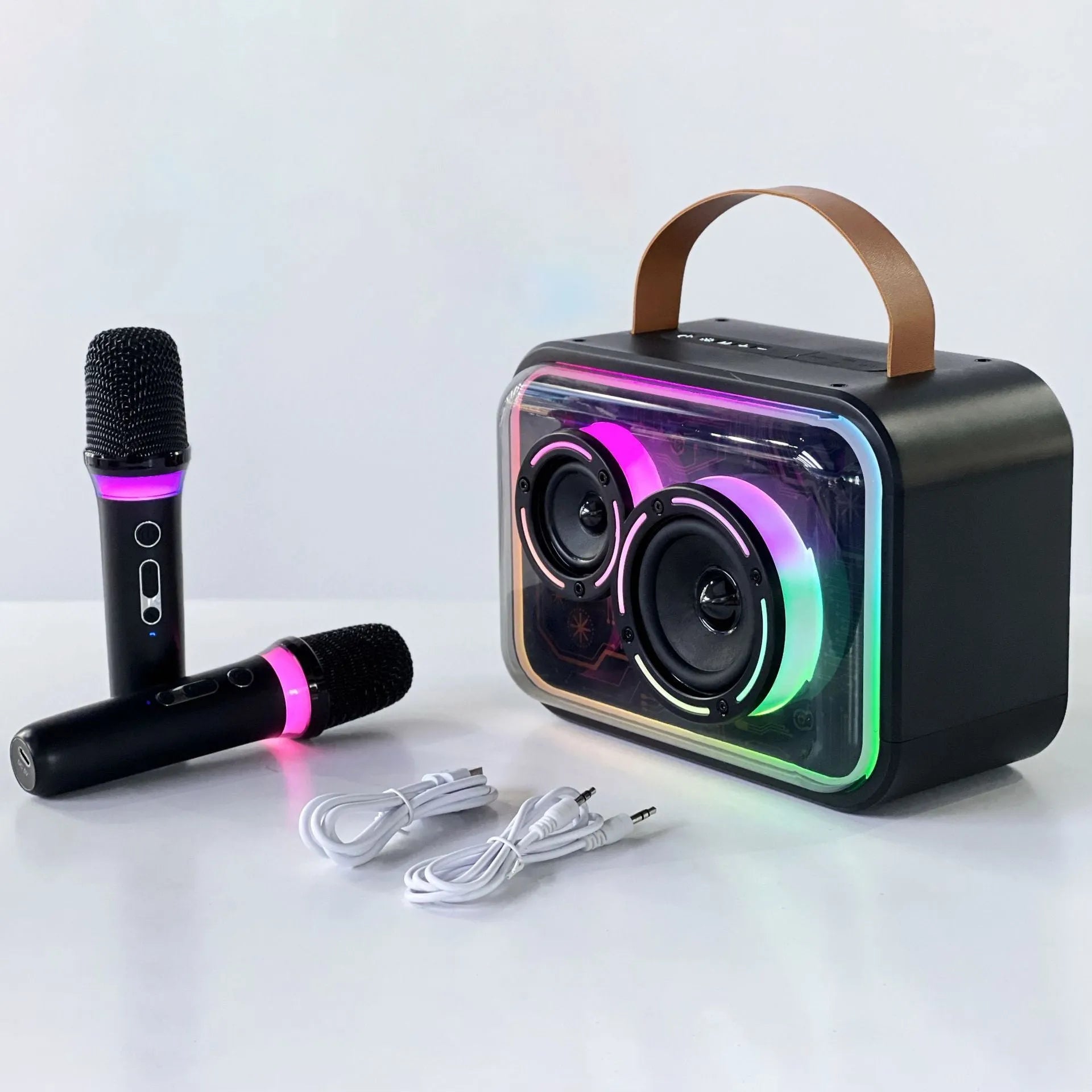 Light yellow portable Bluetooth karaoke speaker with colourful RGB lighting and microphone.
