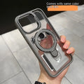 Magnetic silicone iPhone case with invisible bracket and lens cover in black, dark night purple, orange, or titanium grey.
