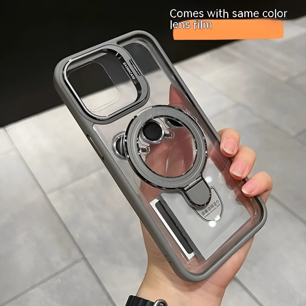 Magnetic silicone iPhone case with invisible bracket and lens cover in black, dark night purple, orange, or titanium grey.