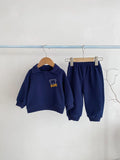 Baby bear lapel sweater two-piece set in sapphire blue or khaki beige, cotton shirt and pants outfit, sizes 66cm to 100cm