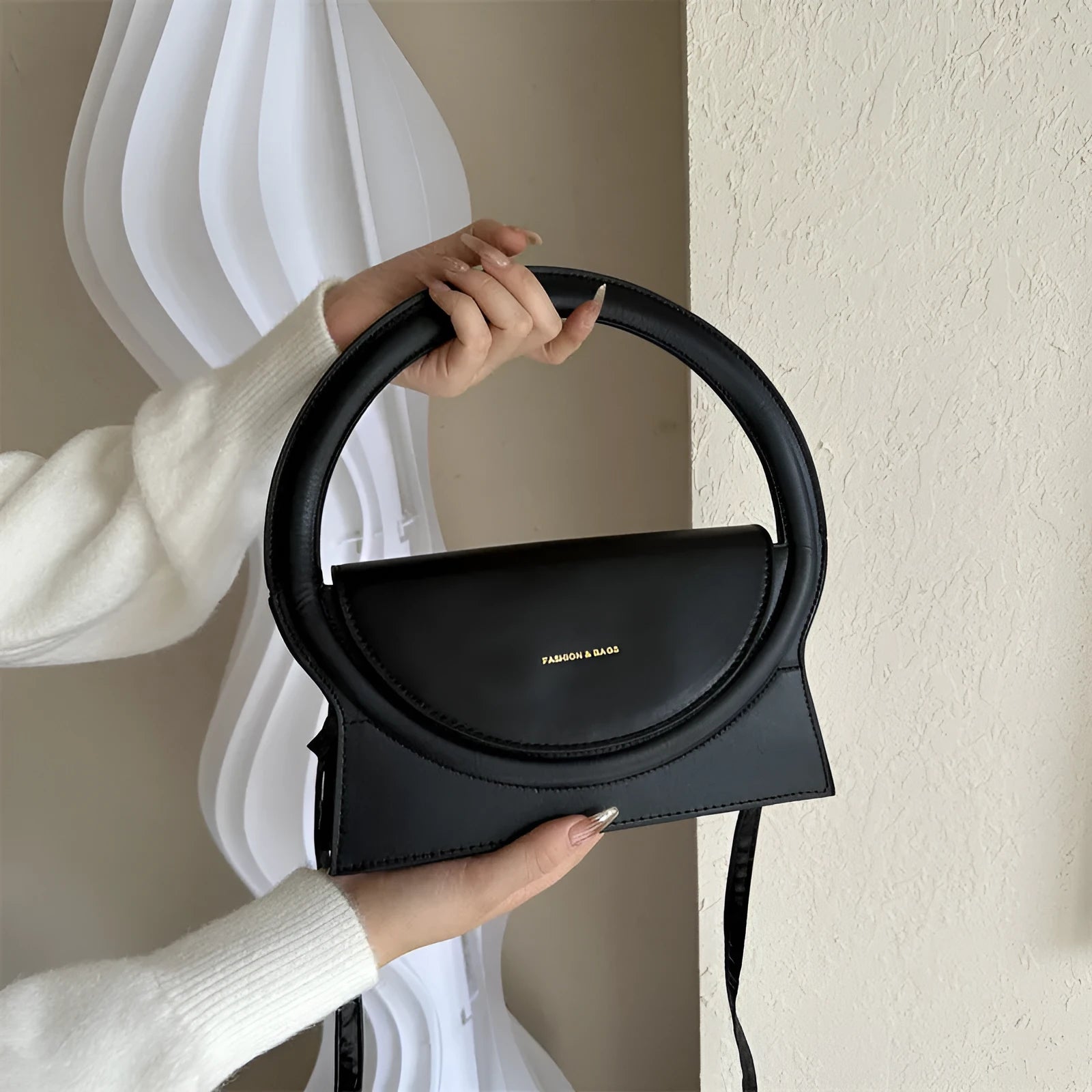 PU leather horizontal messenger bag with sandwich pocket and stitching details