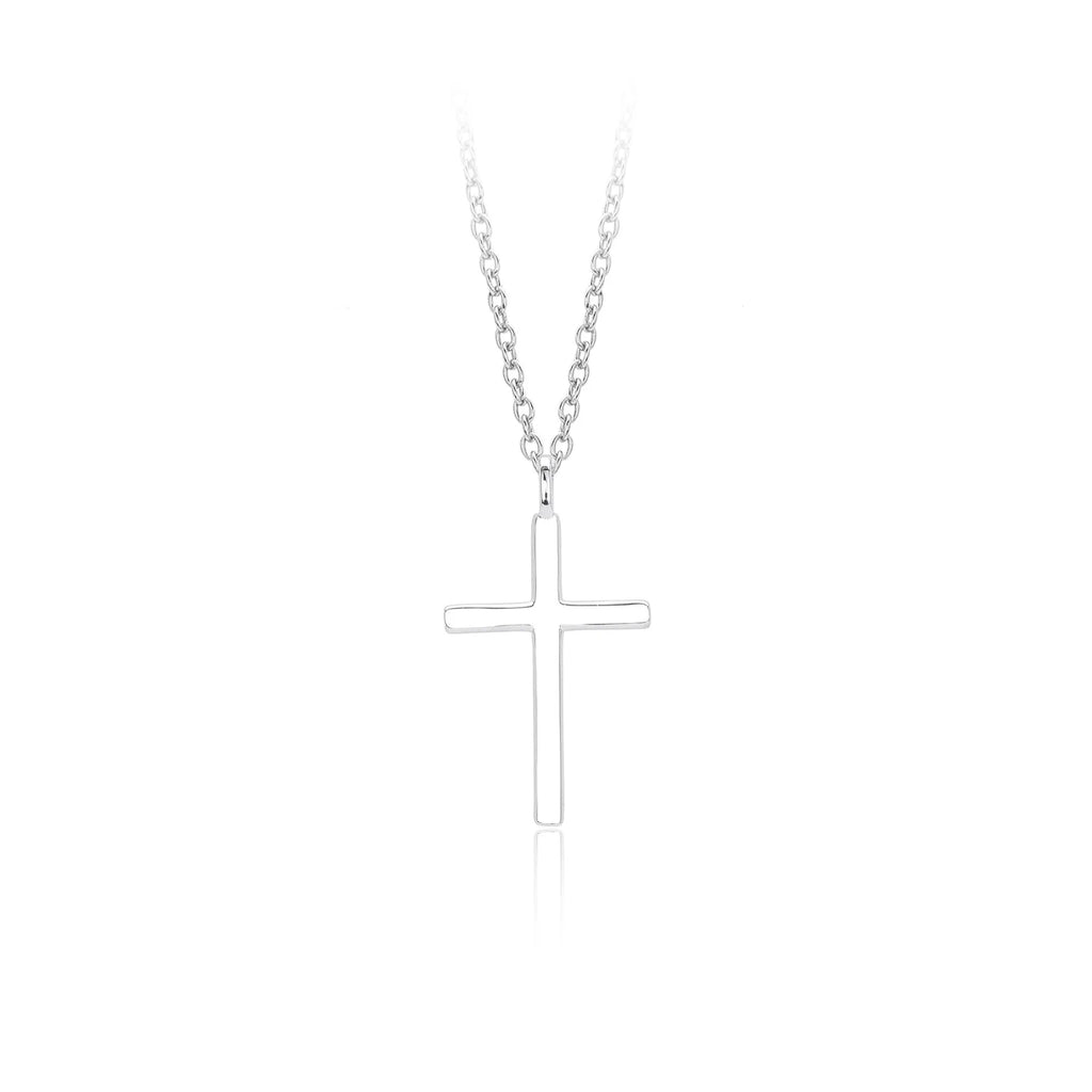 S925 sterling silver necklace with a simple glossy cross pendant on an O-shaped chain in a choice of gold, platinum, or rose gold plating.