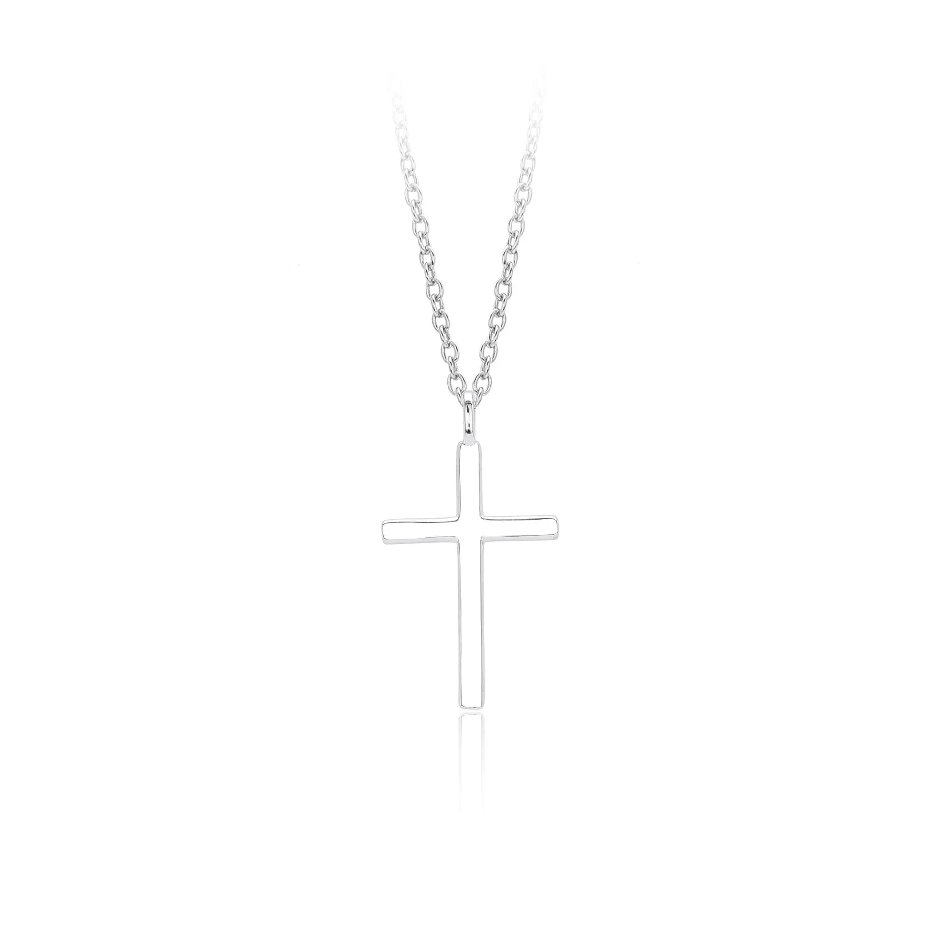 S925 sterling silver necklace with a simple glossy cross pendant on an O-shaped chain in a choice of gold, platinum, or rose gold plating.