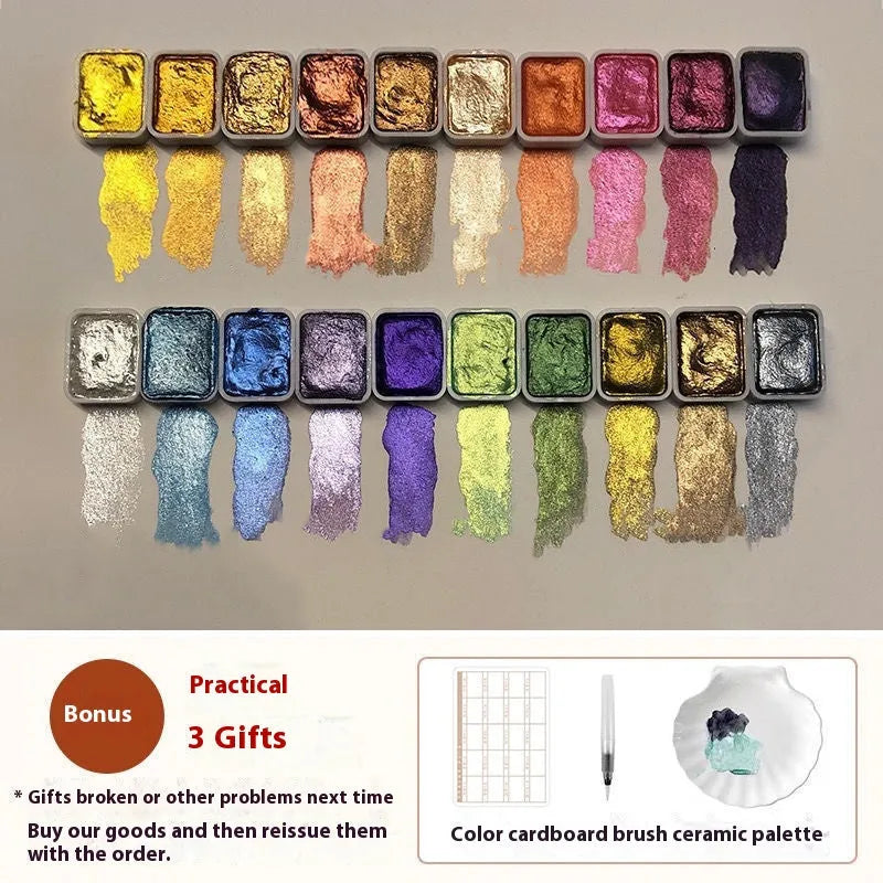 Traditional Chinese painting mineral pearlescent watercolour set with tubes in warm colours, cold colours, and metallic gold paints