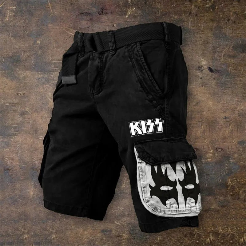 Men's polyester shorts with 3D digital print and zipper fastening, shown in black and grey styles