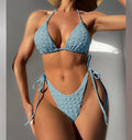 Women's high waist bikini swimsuit with lace-up sides in khaki, blue, pink, or black.