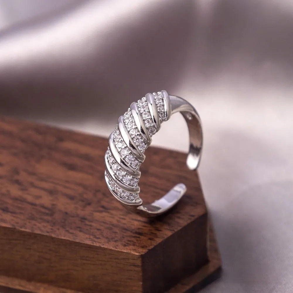 Open mouth adjustable copper ring with zircon ornament in electroplated gold colour