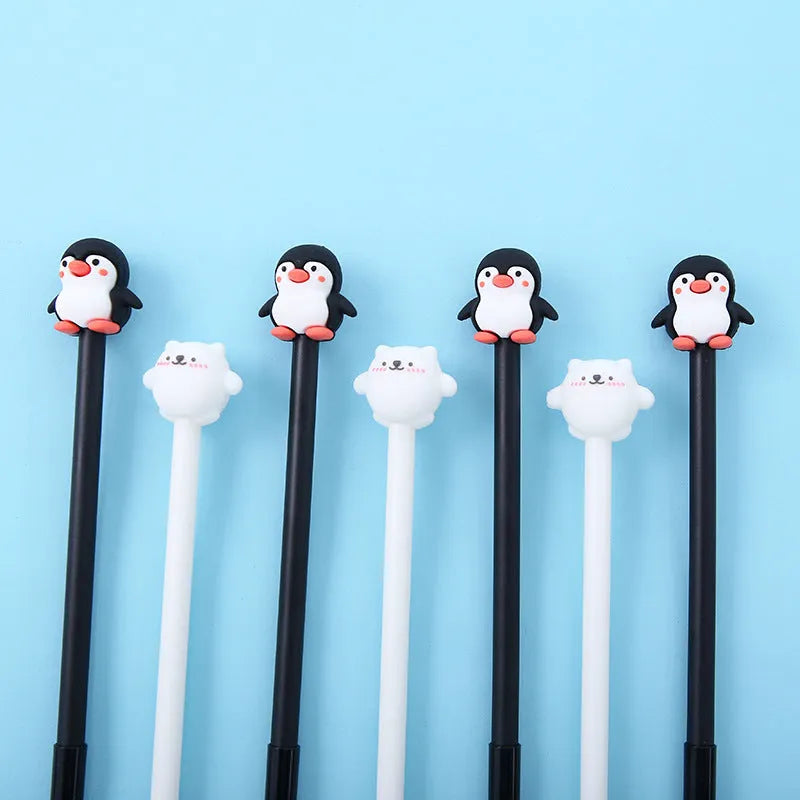 Korean cartoon penguin silicone gel pen with 0.5mm black ink tip and soft silicone grip