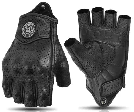 Retro Mo Trailer black sheepskin half finger riding gloves on a motorcycle handlebar