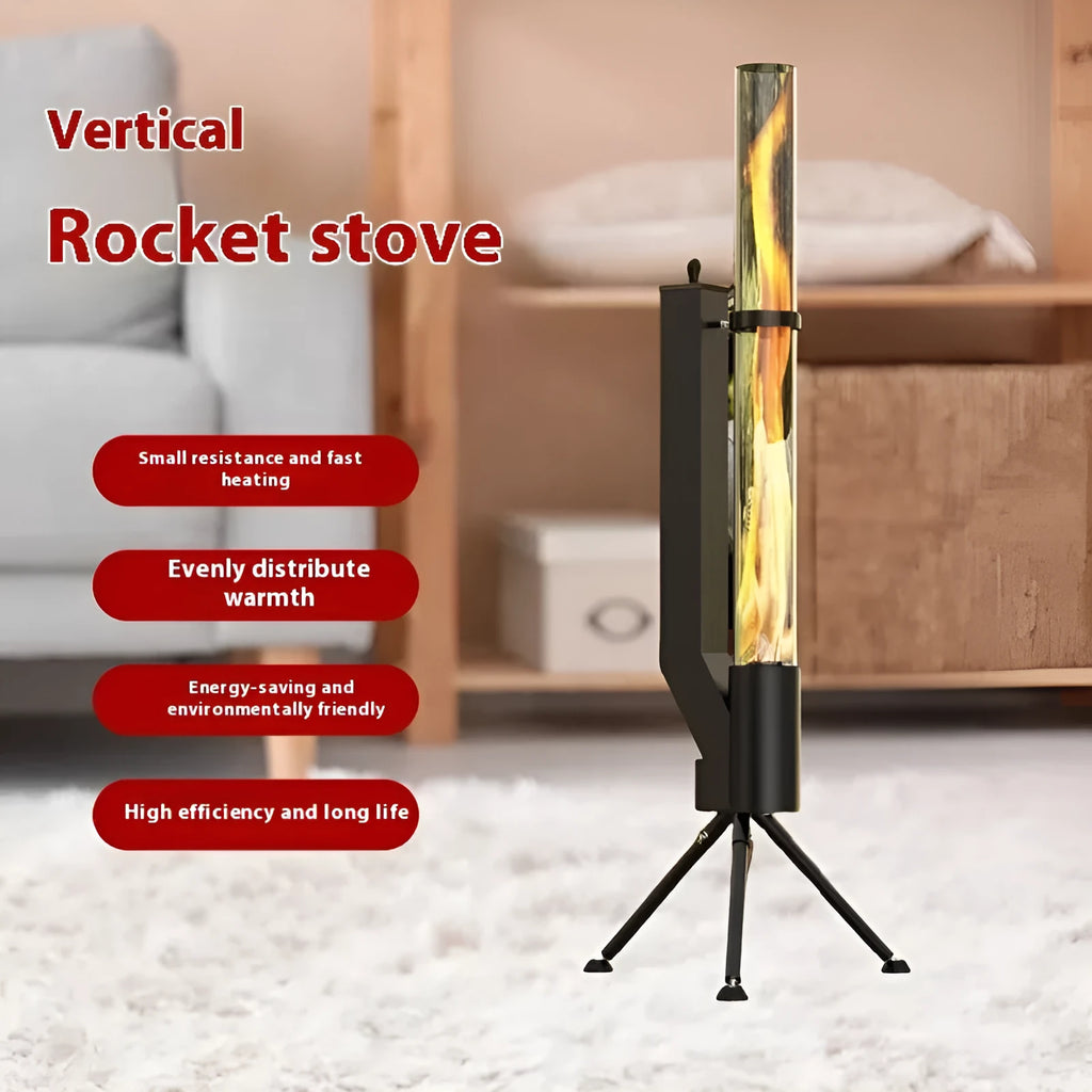 Vertical iron wood burning rocket furnace courtyard heating stove with decorative design