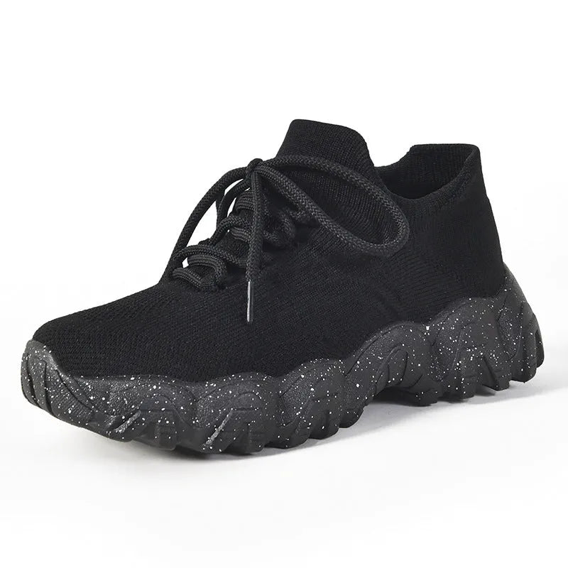 Lace-up fly-knit socks shoes with low heel platform sole, mesh upper, round toe, available in black and rose red