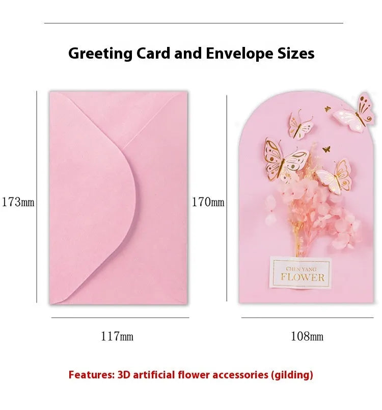 Handmade 3D butterfly-shaped birthday card with artificial flowers, shown with its matching envelope.