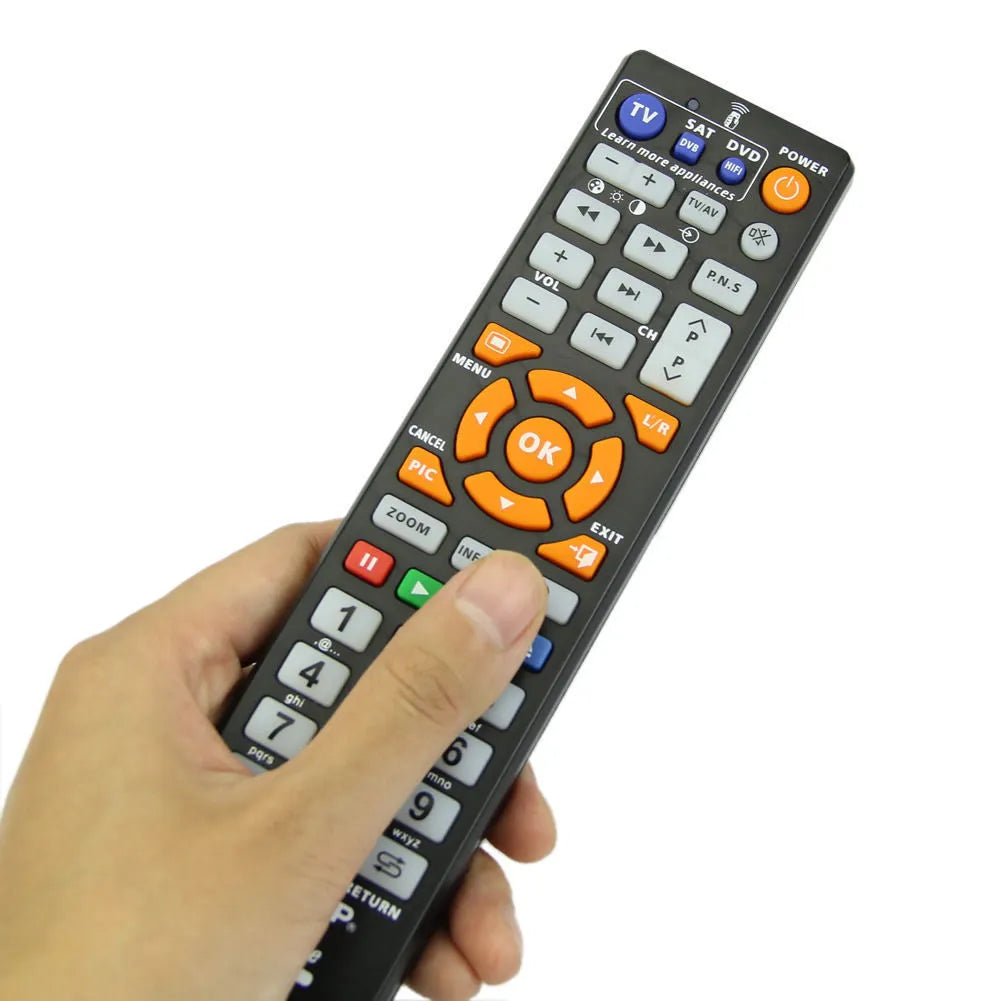Black L336 learning remote control with full button layout for audio equipment