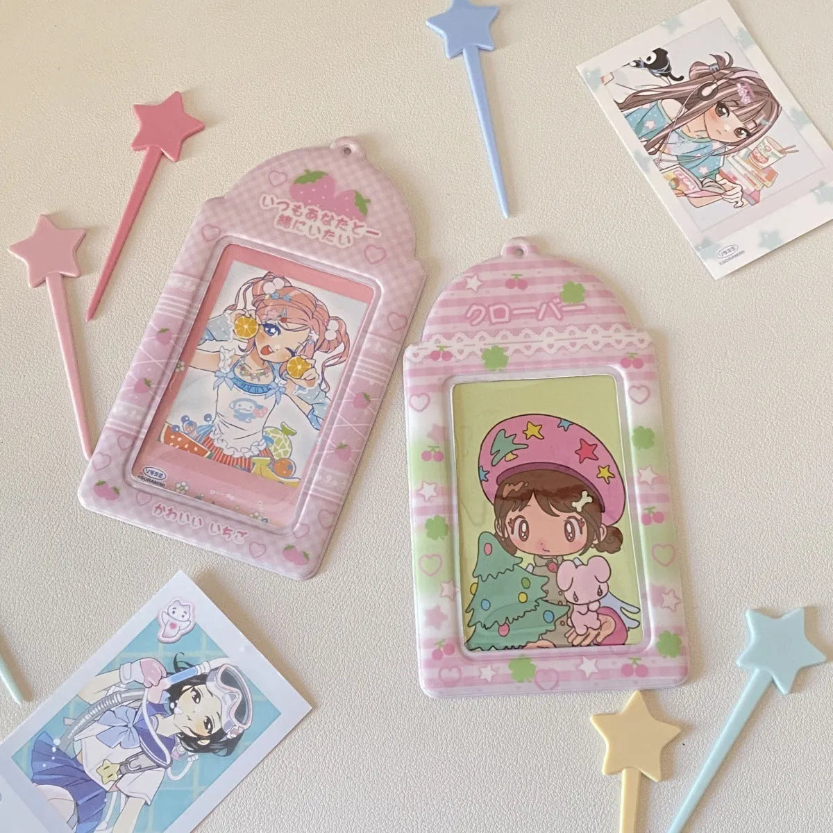 Plaid strawberry cartoon design PVC card holder measuring 7.6 by 13.6 centimetres.