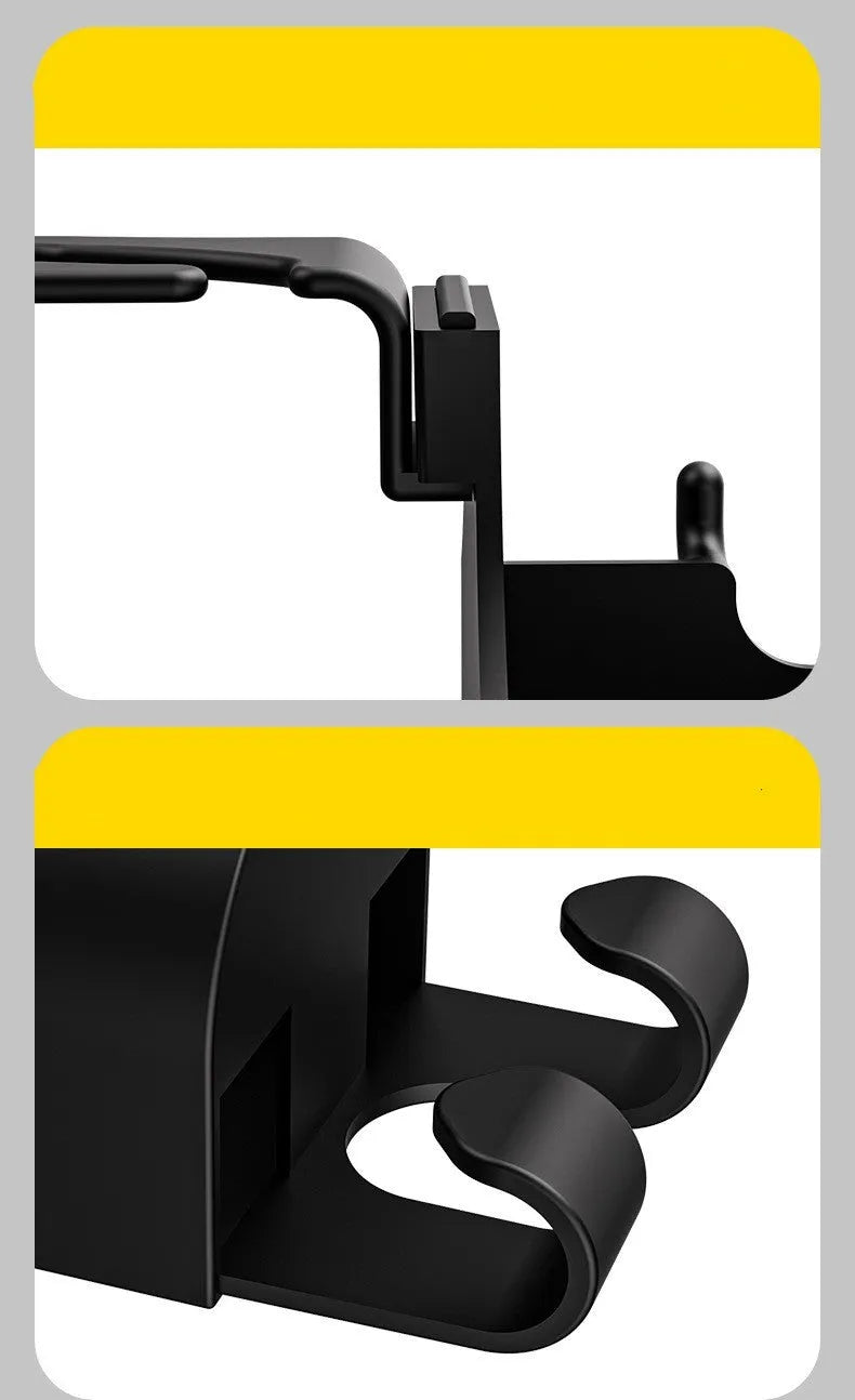 Black plastic car seat back organiser with cup holder and storage hook mounted on headrest