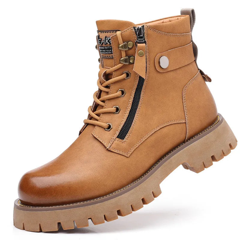 Men's brown leather high-top boots with side zipper and round toe