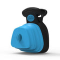 Blue handheld dog pooper scooper with clip and built-in waste bag compartment