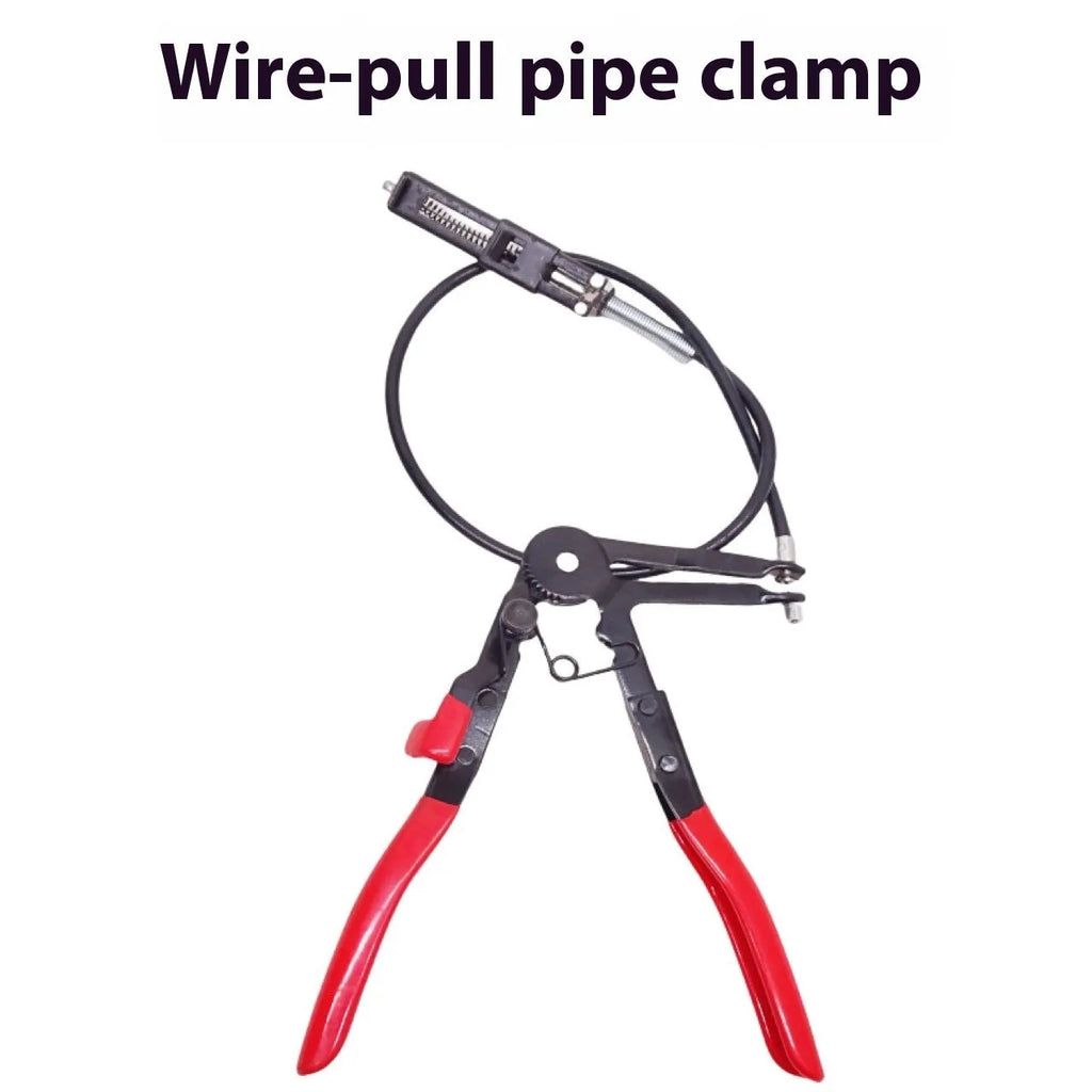 Nine-piece pipe clamp pliers set with red handles and split straight throat jaws on white background