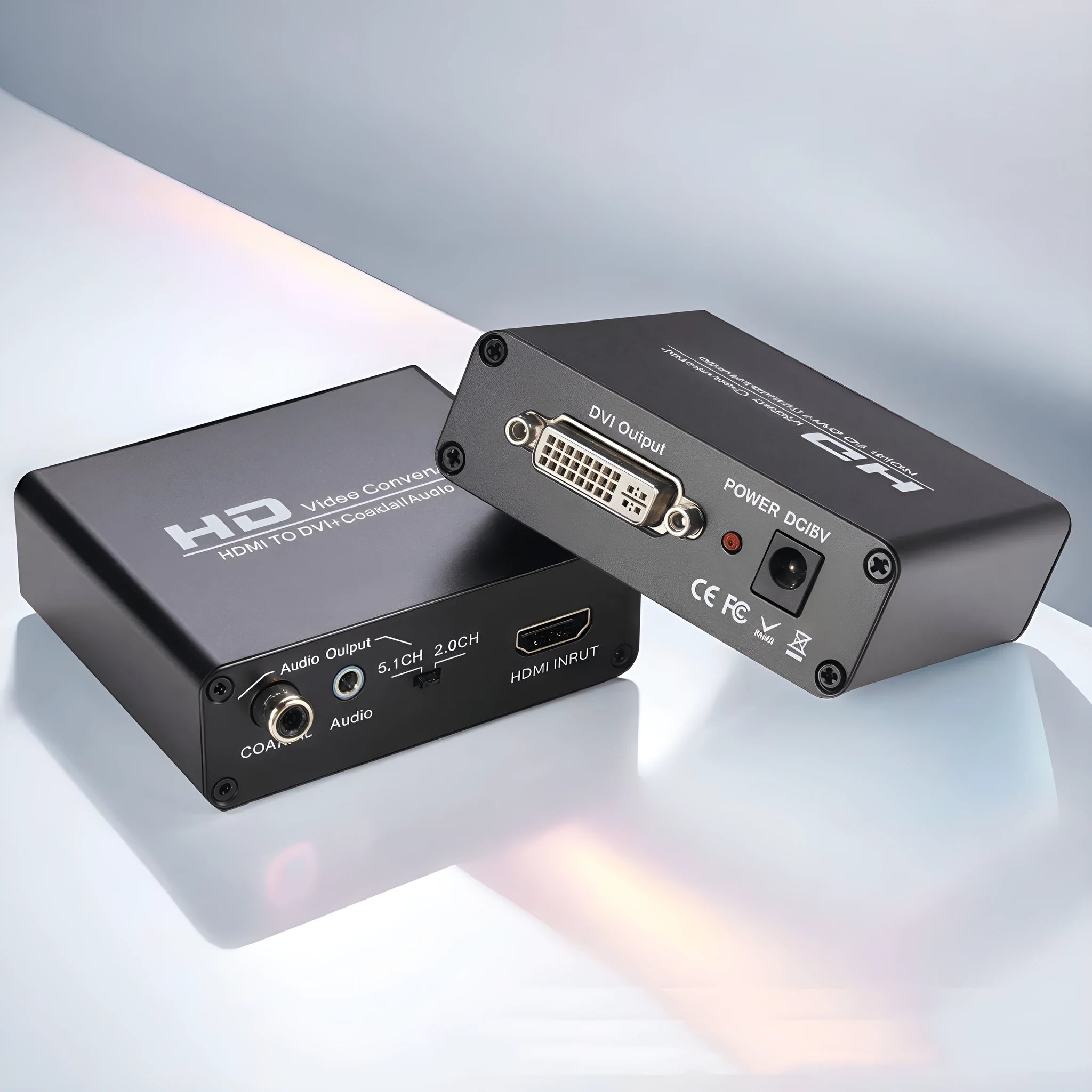Black HDMI to DVI converter unit with a 1.5m cable and coaxial audio output port.