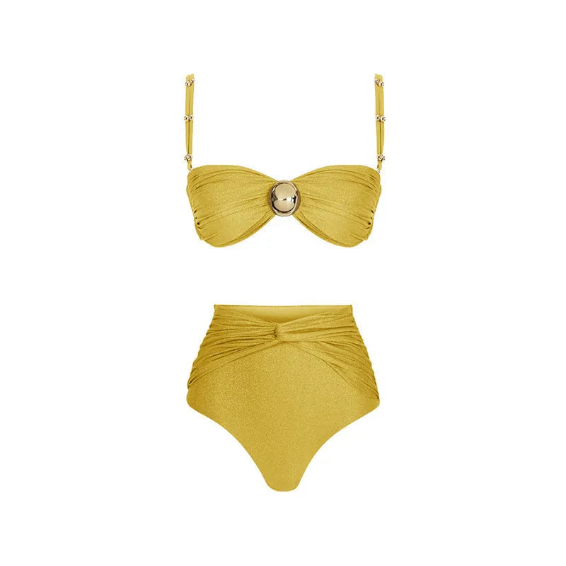 Women's high-waist bikini swimsuit with split detail and cover-up skirt in yellow or green nylon fabric
