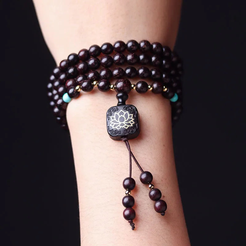 Zambia rosewood DIY bead bracelet kit with flat lotus pendant and 108 wooden beads.