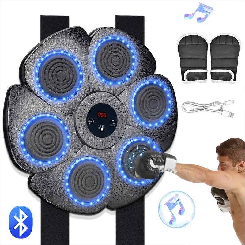 Black plastic smart boxing wall target with LED lights, half-finger glove, and charging cable on a white background.