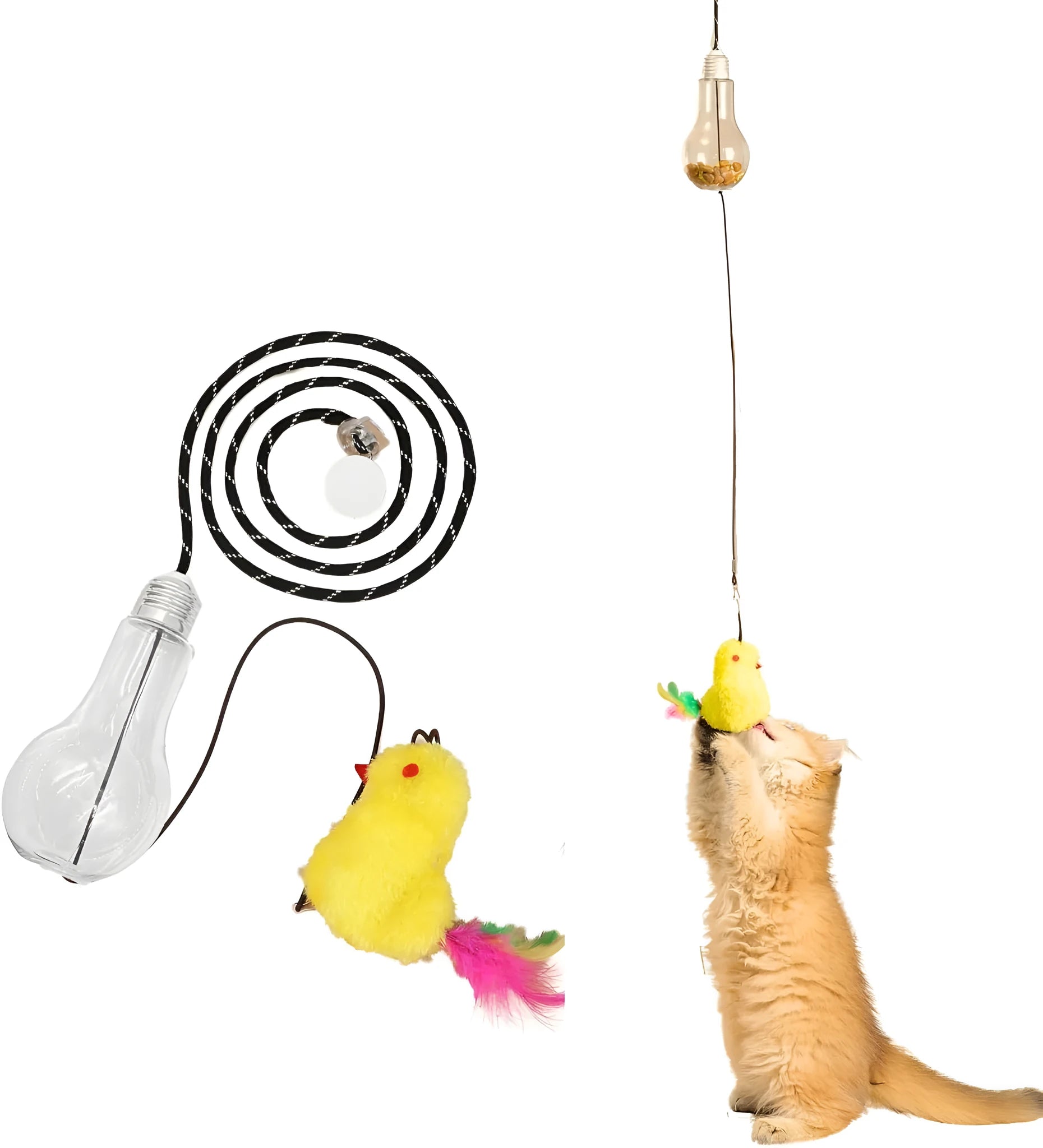 Grey and yellow interactive hanging cat toy with retractable rope, treat bulb, and mouse attachment.
